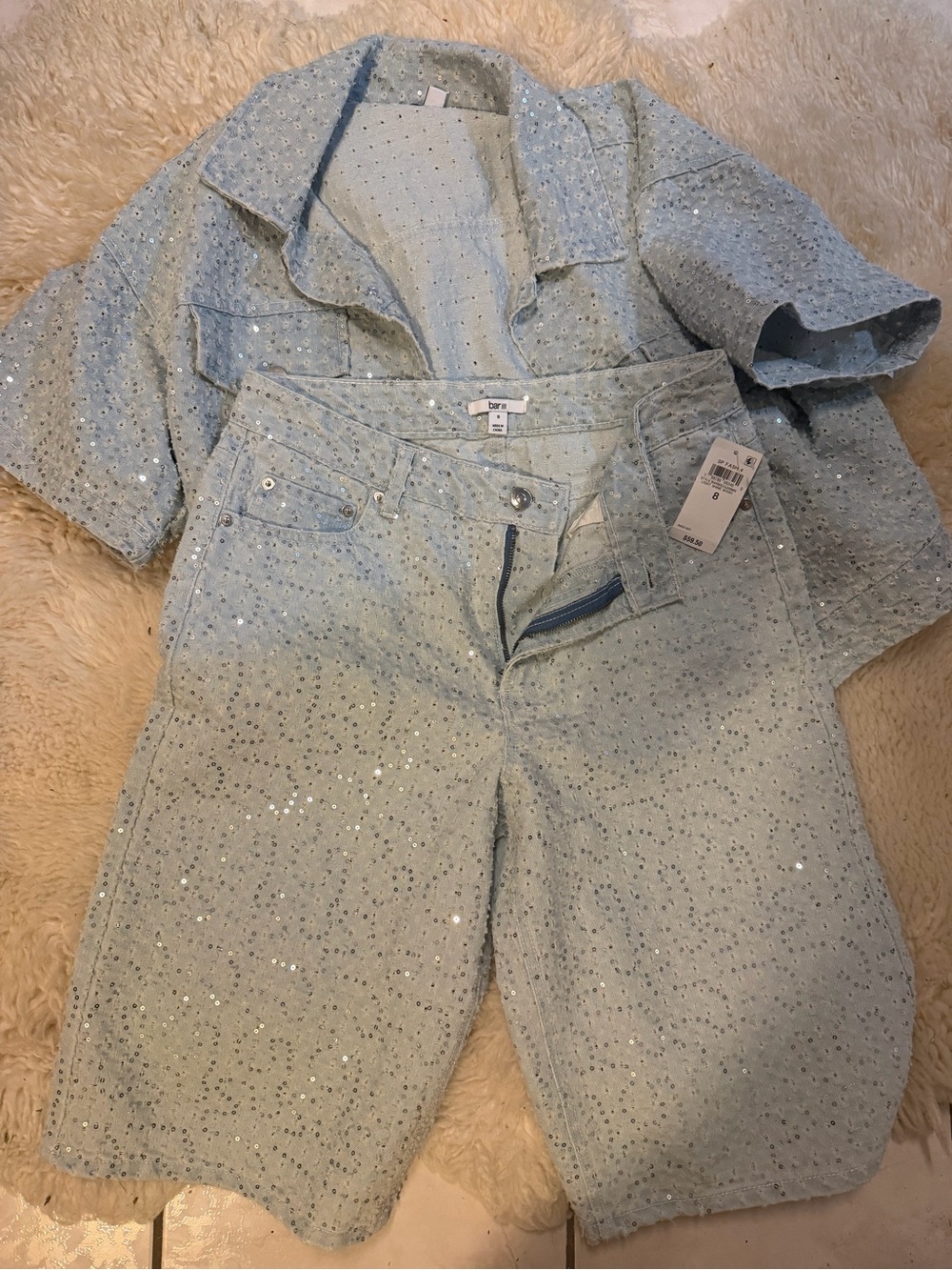 Bar III Light Blue Sequin High-Rise Denim Shorts and Jacket Set - Picture 1 of 7